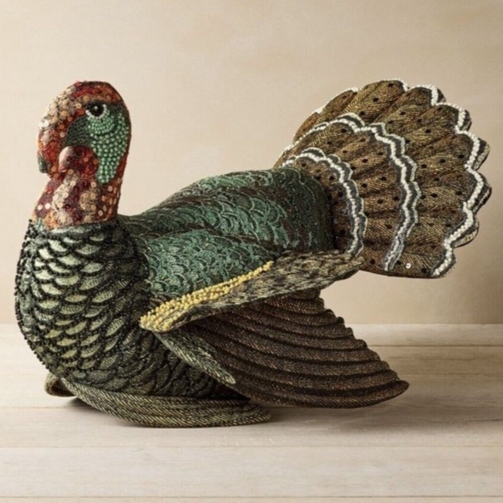 JOHN DERIAN NEW 2024 beaded turkey novelty plush pillow -16x15